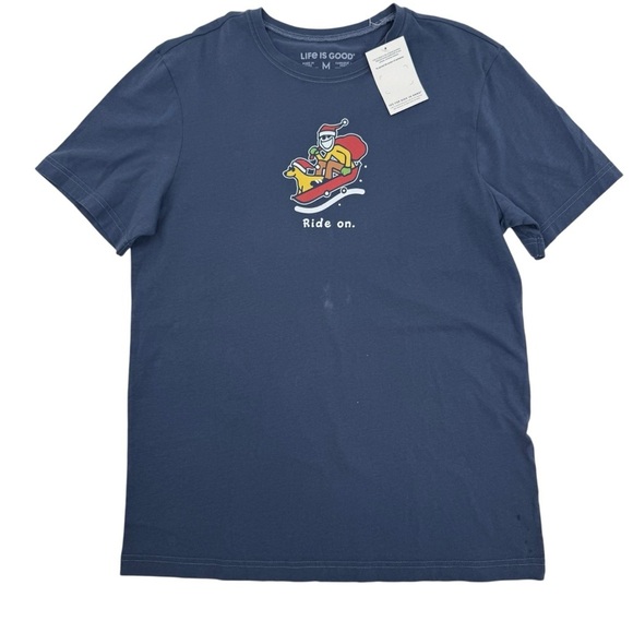 Life Is Good Mens Size Medium Santa Ride On Christmas Short Sleeve Tee shirt NWT - Picture 1 of 7